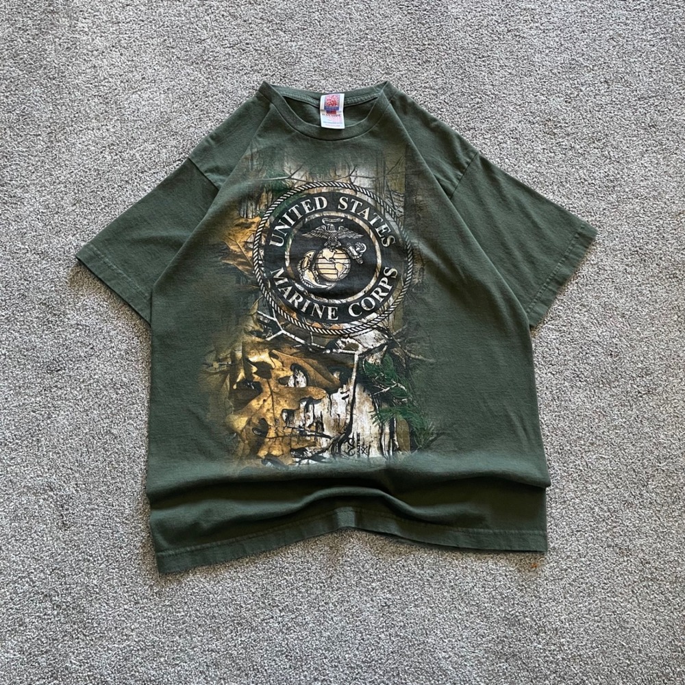 VTG 90s Mens Bayside USMC Graphic T-Shirt Medium USA Green Camo Marine Corps Tee